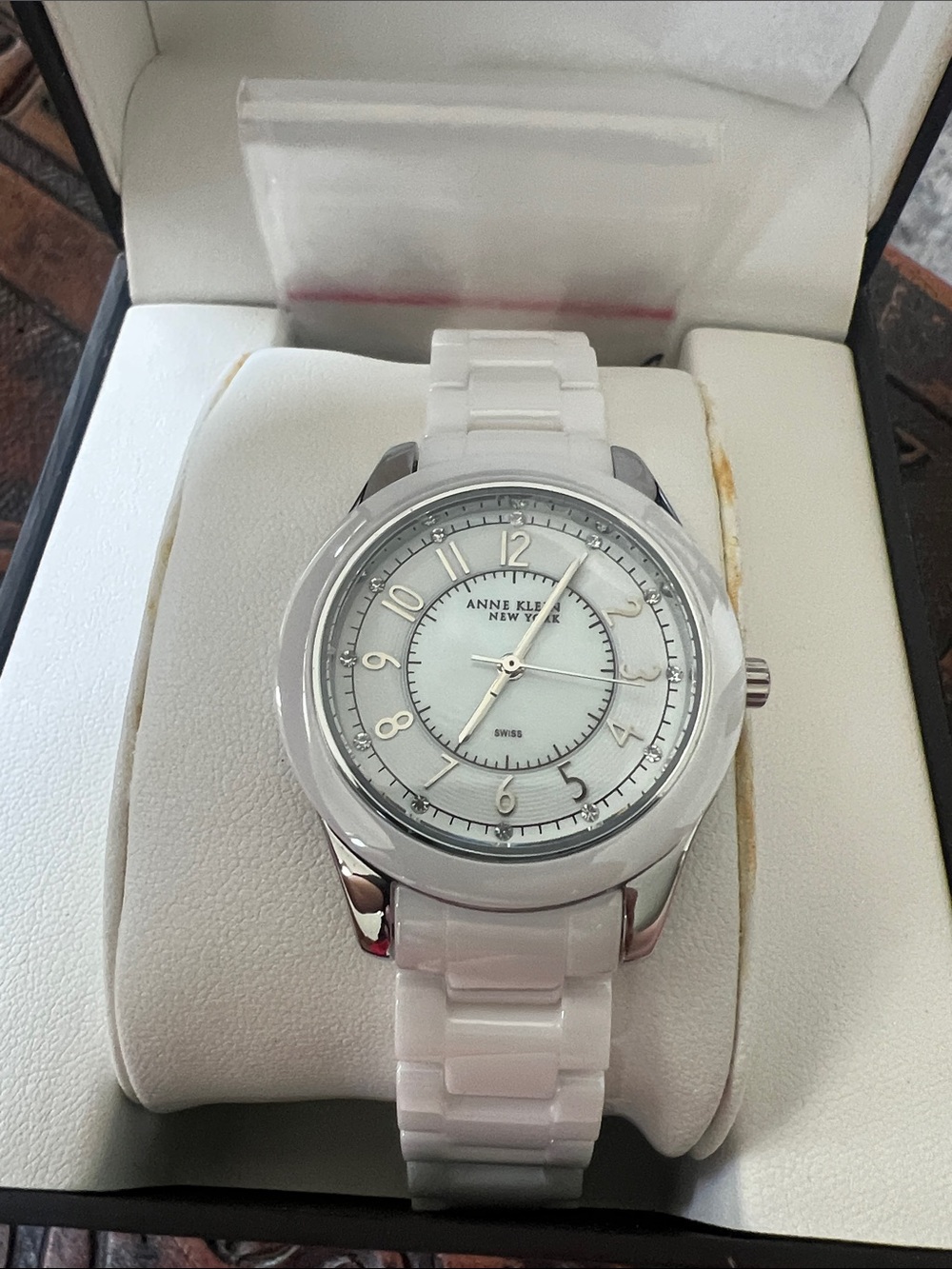 Anne Klein White Ceramic Bracelet Watch with Silver Accents
